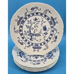 Vtg Set of 5 Unbranded 'Blue Onion' Dinner Plates 9 3/8" Scalloped Edge USA